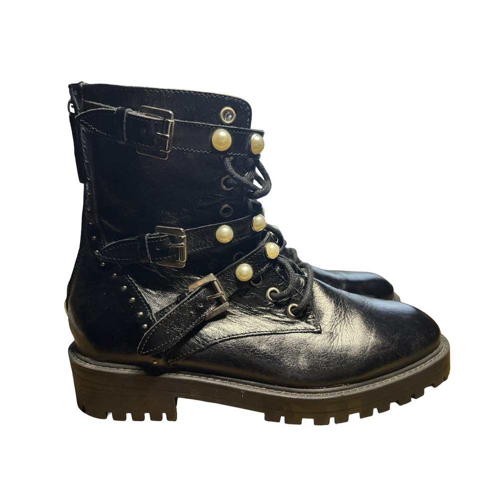 Zara Combat Boots 37 6.5 7 Black Leather Pearl Studs Zip Lace Goth Punk Biker